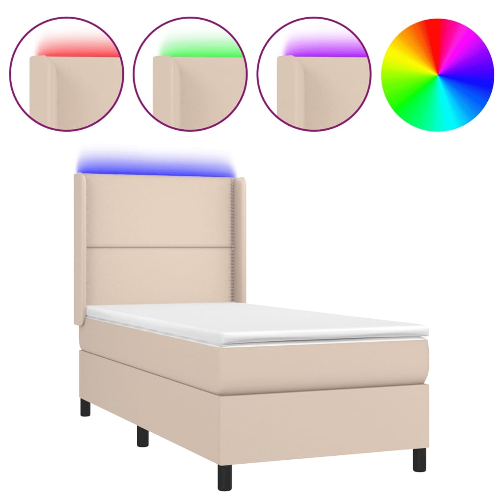 vidaXL Cama box spring colchón LED cuero sintético capuchino 90x190 cm