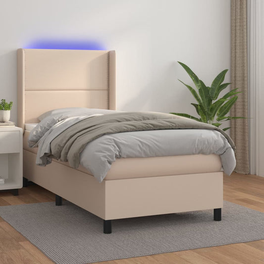 vidaXL Cama box spring colchón LED cuero sintético capuchino 90x190 cm