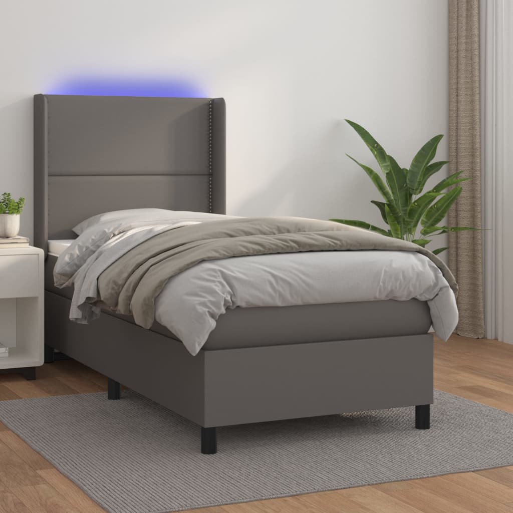 vidaXL Cama box spring colchón y LED cuero sintético gris 100x200 cm