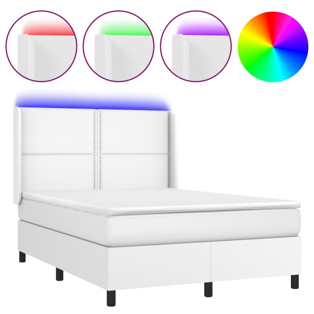 vidaXL Cama box spring colchón y LED cuero sintético blanco 140x200 cm