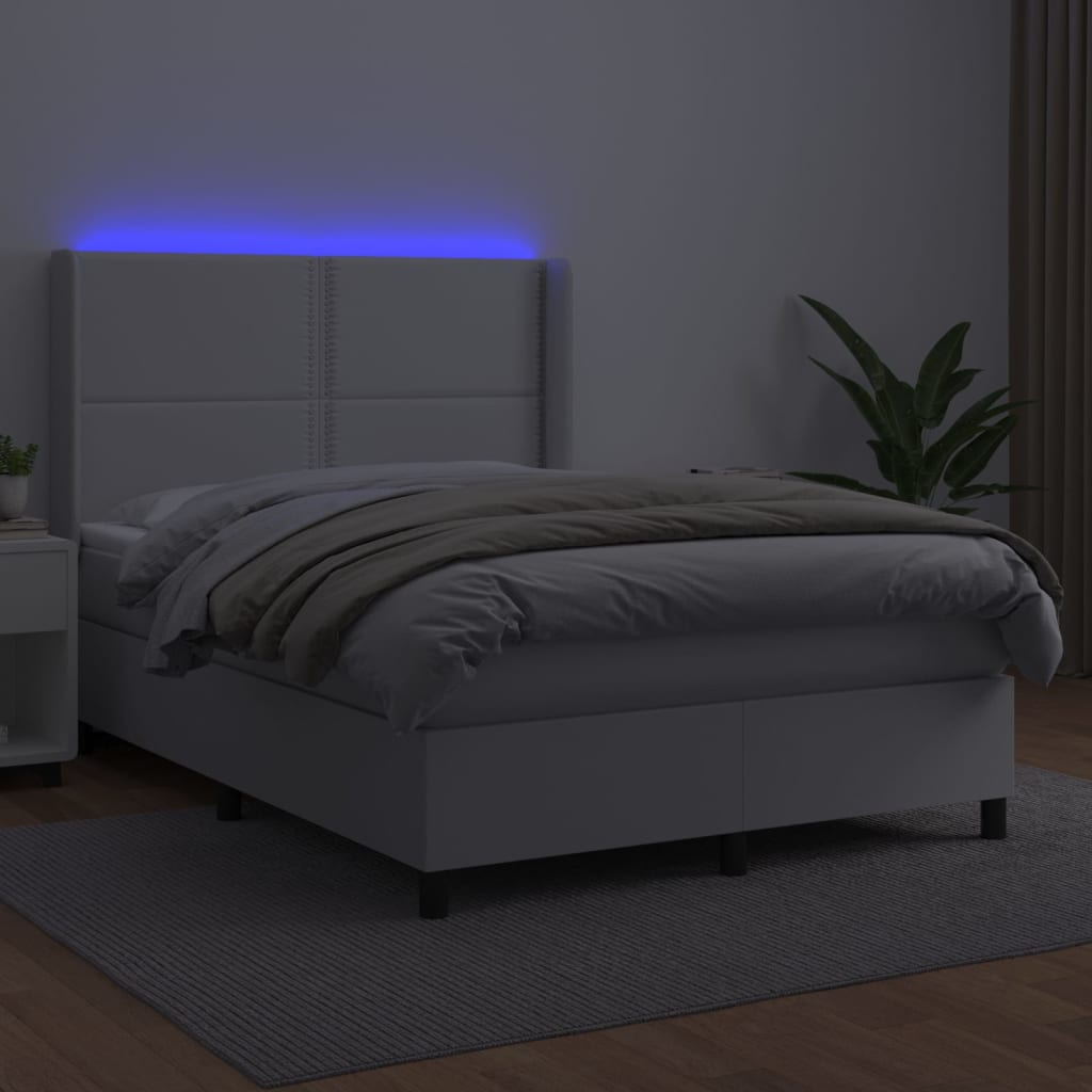 vidaXL Cama box spring colchón y LED cuero sintético blanco 140x200 cm