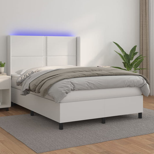 vidaXL Cama box spring colchón y LED cuero sintético blanco 140x200 cm