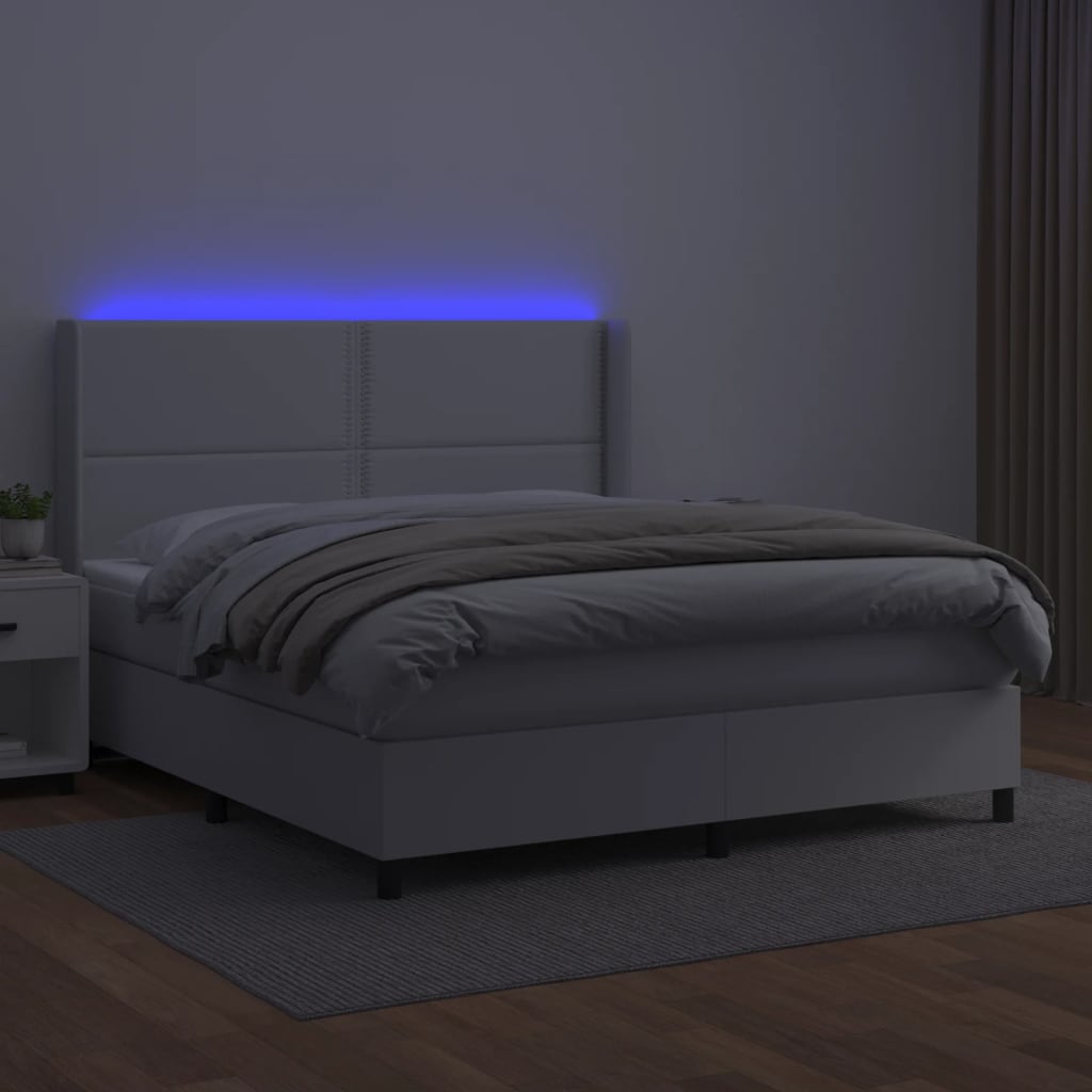 vidaXL Cama box spring colchón y LED cuero sintético blanco 160x200 cm