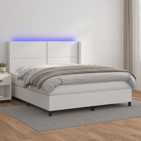 vidaXL Cama box spring colchón y LED cuero sintético blanco 160x200 cm