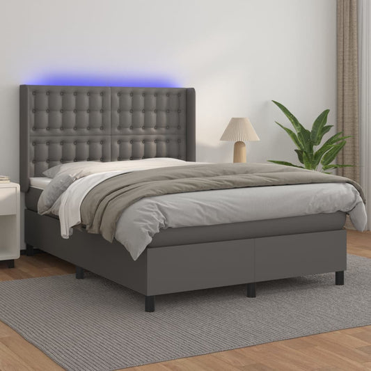 vidaXL Cama box spring colchón y LED cuero sintético gris 140x200 cm