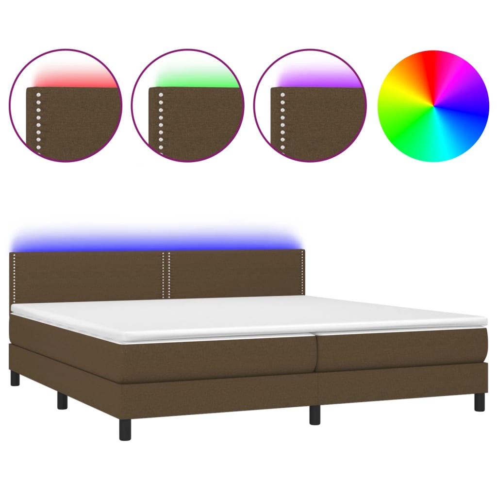 vidaXL Cama box spring colchón luces LED tela marrón oscuro 200x200 cm