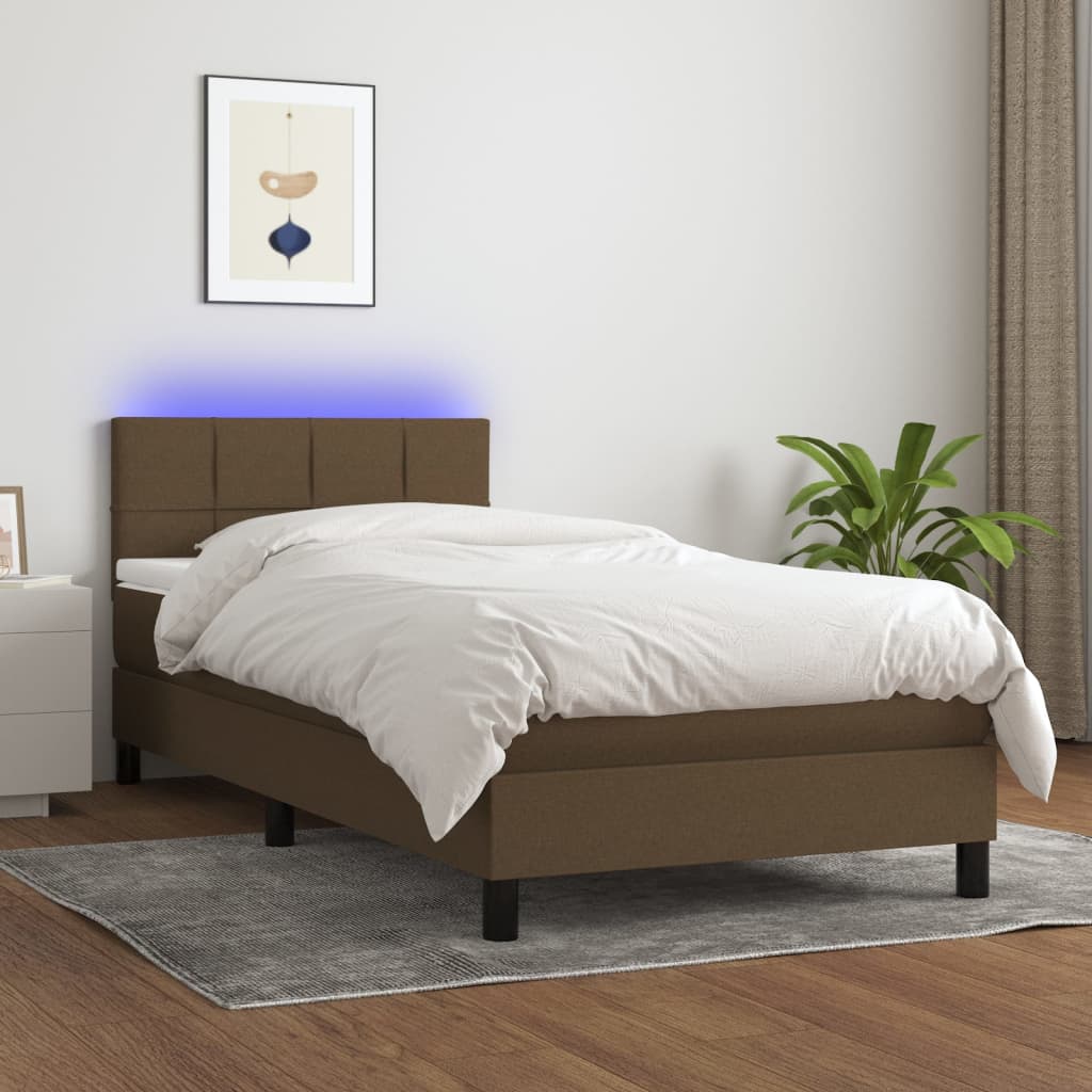 vidaXL Cama box spring colchón luces LED tela marrón oscuro 100x200cm