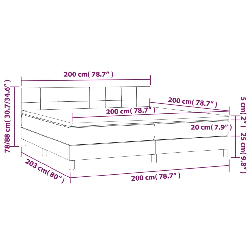 vidaXL Cama box spring colchón luces LED tela marrón oscuro 200x200 cm