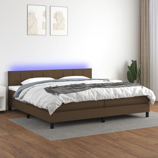 vidaXL Cama box spring colchón luces LED tela marrón oscuro 200x200 cm