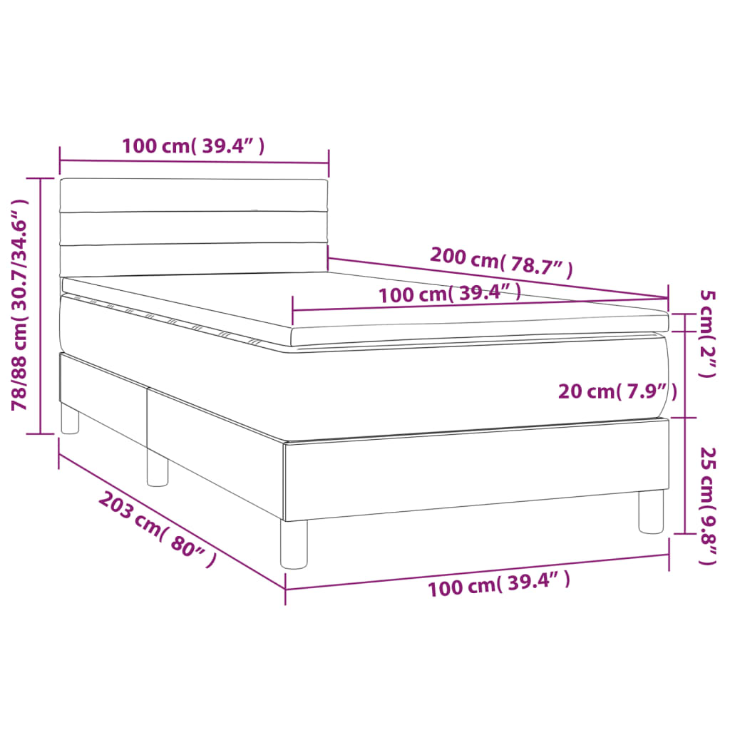 vidaXL Cama box spring colchón luces LED tela marrón oscuro 100x200cm