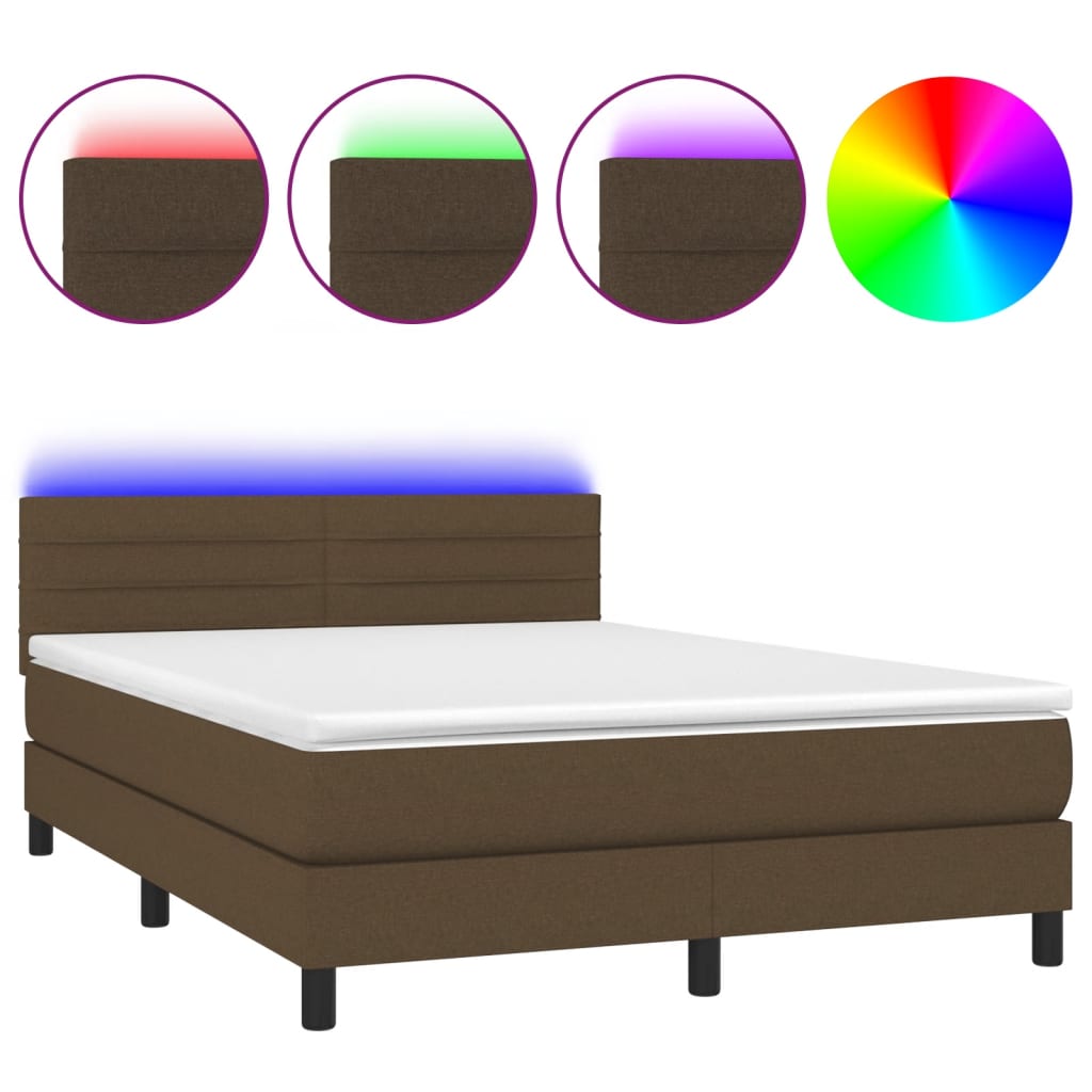 vidaXL Cama box spring colchón luces LED tela marrón oscuro 140x200cm