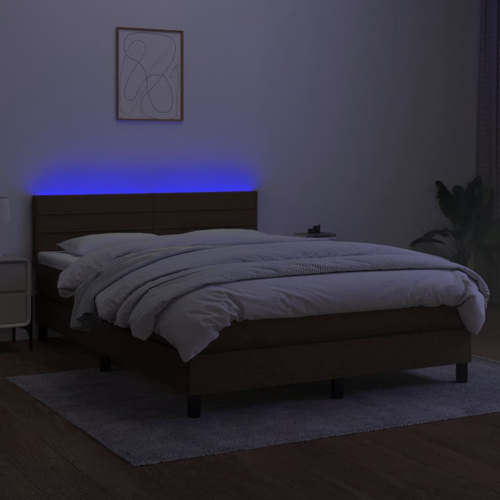 vidaXL Cama box spring colchón luces LED tela marrón oscuro 140x200cm