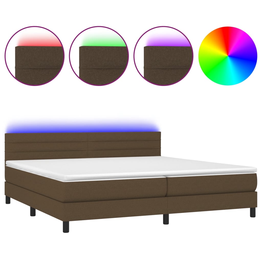 vidaXL Cama box spring colchón luces LED tela marrón oscuro 200x200 cm