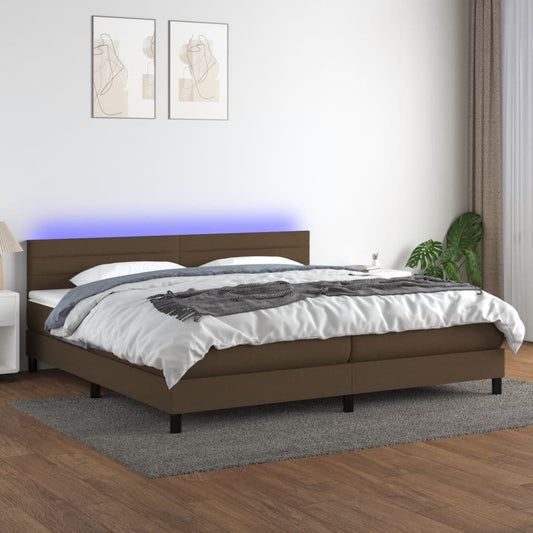 vidaXL Cama box spring colchón luces LED tela marrón oscuro 200x200 cm