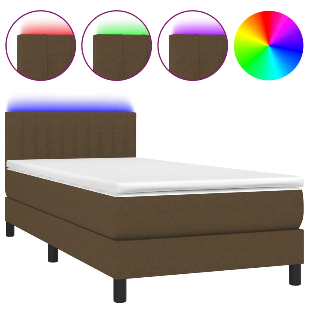 vidaXL Cama box spring colchón luces LED tela marrón oscuro 100x200cm