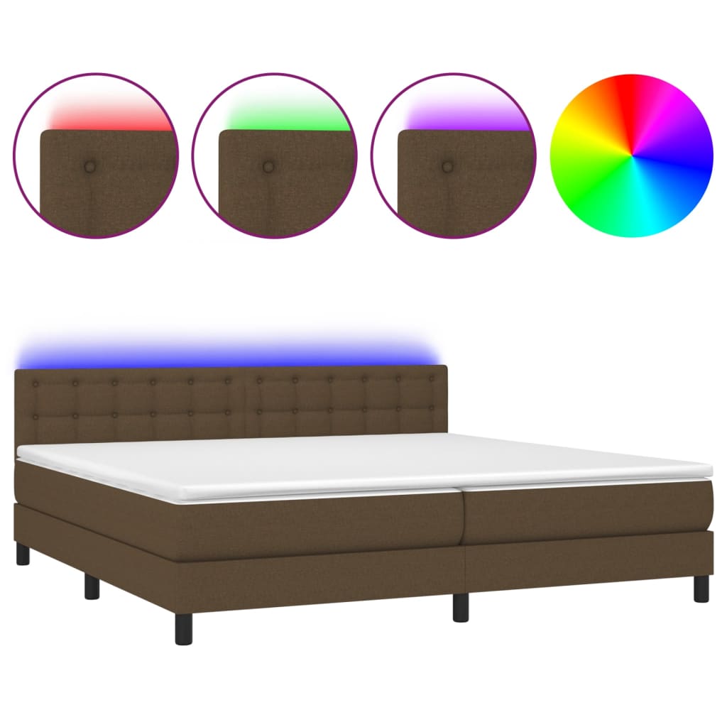 vidaXL Cama box spring colchón luces LED tela marrón oscuro 200x200 cm