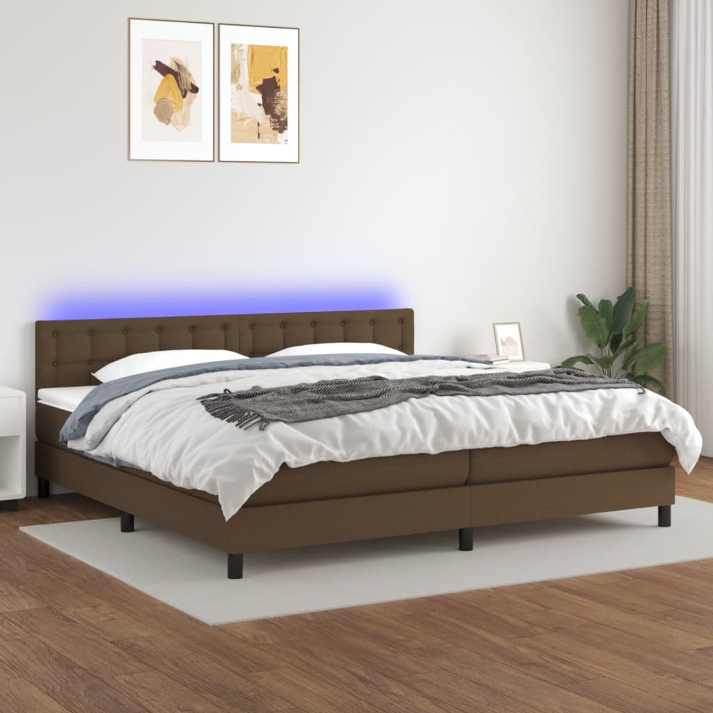 vidaXL Cama box spring colchón luces LED tela marrón oscuro 200x200 cm