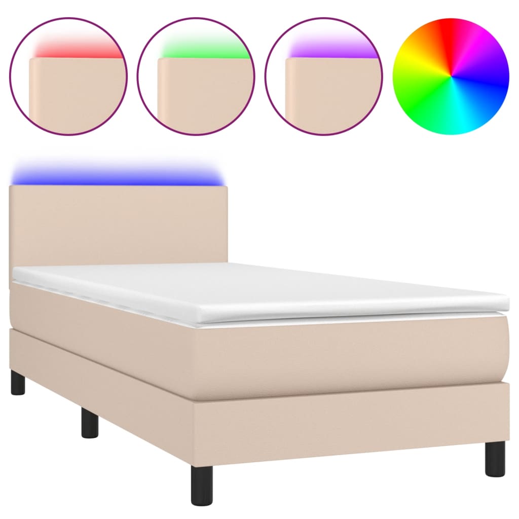 vidaXL Cama box spring colchón LED cuero sintético capuchino 90x190 cm