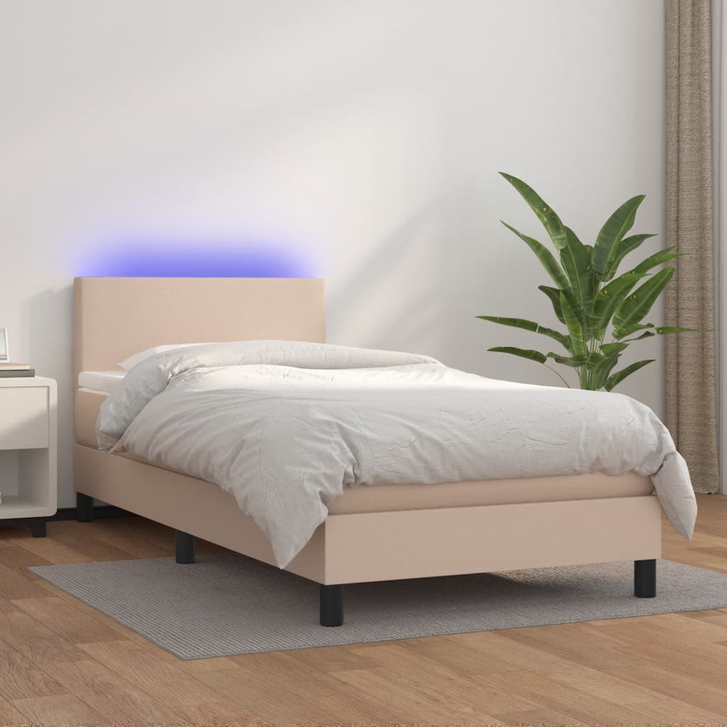 vidaXL Cama box spring colchón LED cuero sintético capuchino 90x190 cm