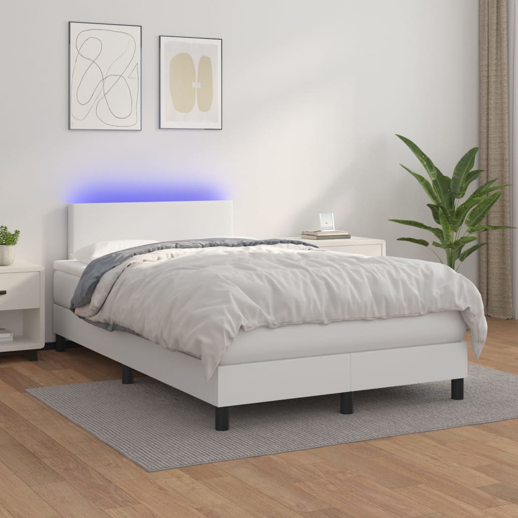 vidaXL Cama box spring colchón y LED cuero sintético blanco 120x200 cm