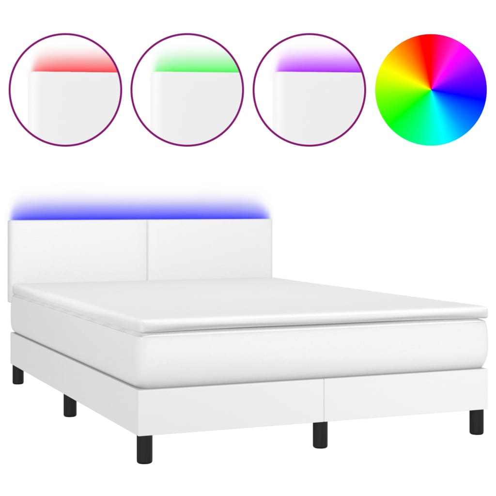 vidaXL Cama box spring colchón y LED cuero sintético blanco 140x190 cm