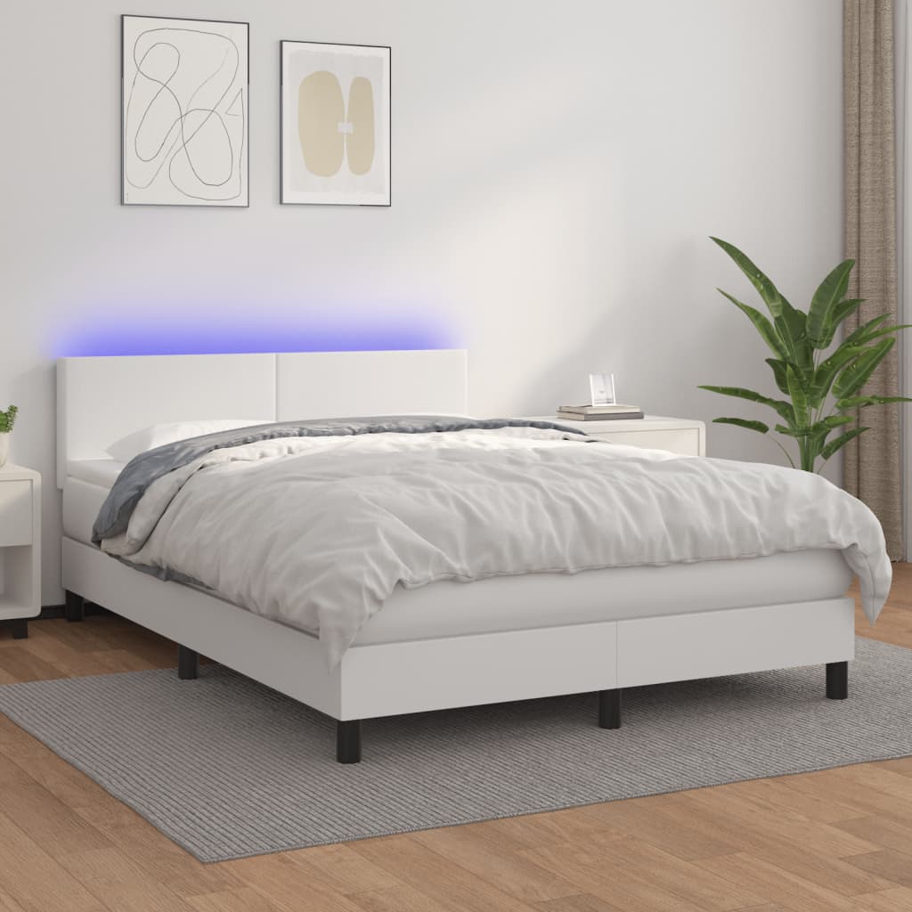 vidaXL Cama box spring colchón y LED cuero sintético blanco 140x190 cm