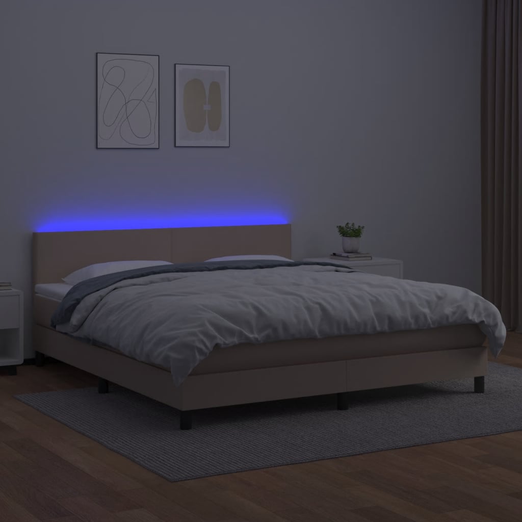 vidaXL Cama box spring colchón LED cuero sintético capuchino 160x200cm