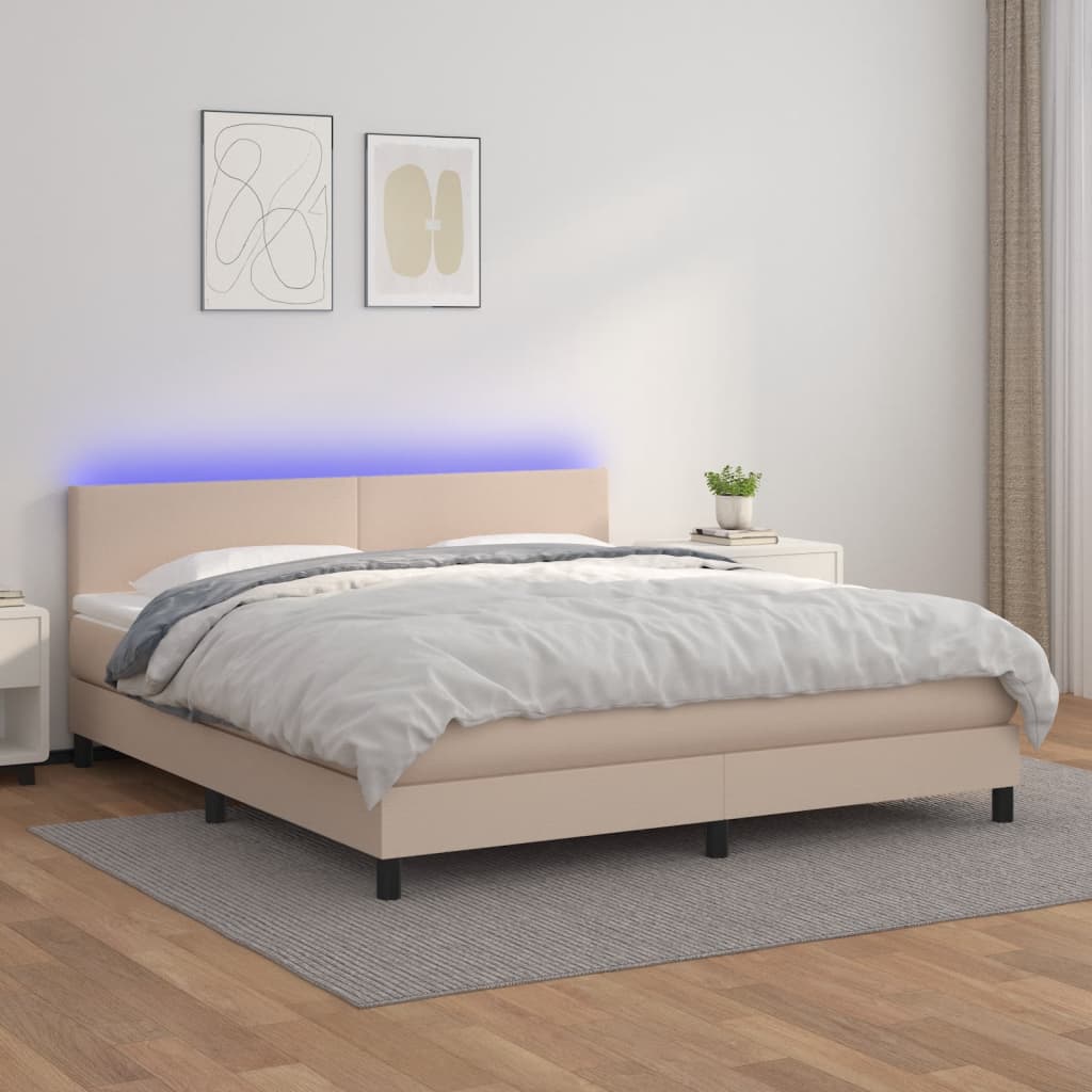 vidaXL Cama box spring colchón LED cuero sintético capuchino 160x200cm