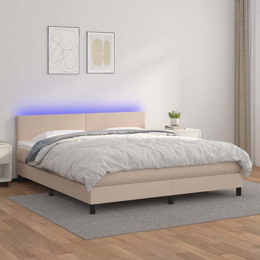 vidaXL Cama box spring colchón LED cuero sintético capuchino 160x200cm