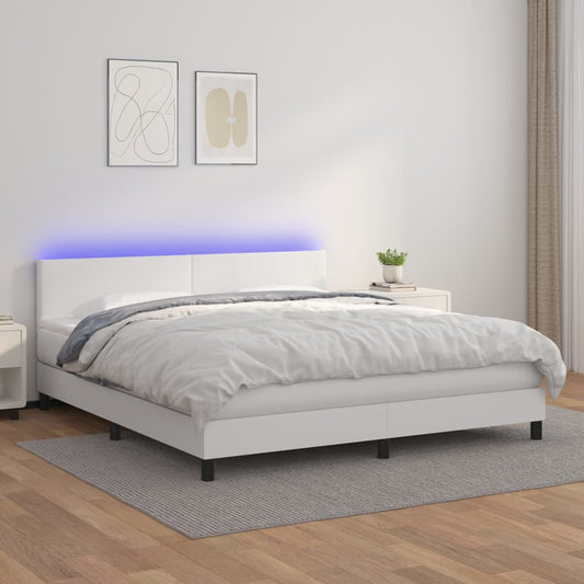 vidaXL Cama box spring colchón y LED cuero sintético blanco 180x200 cm