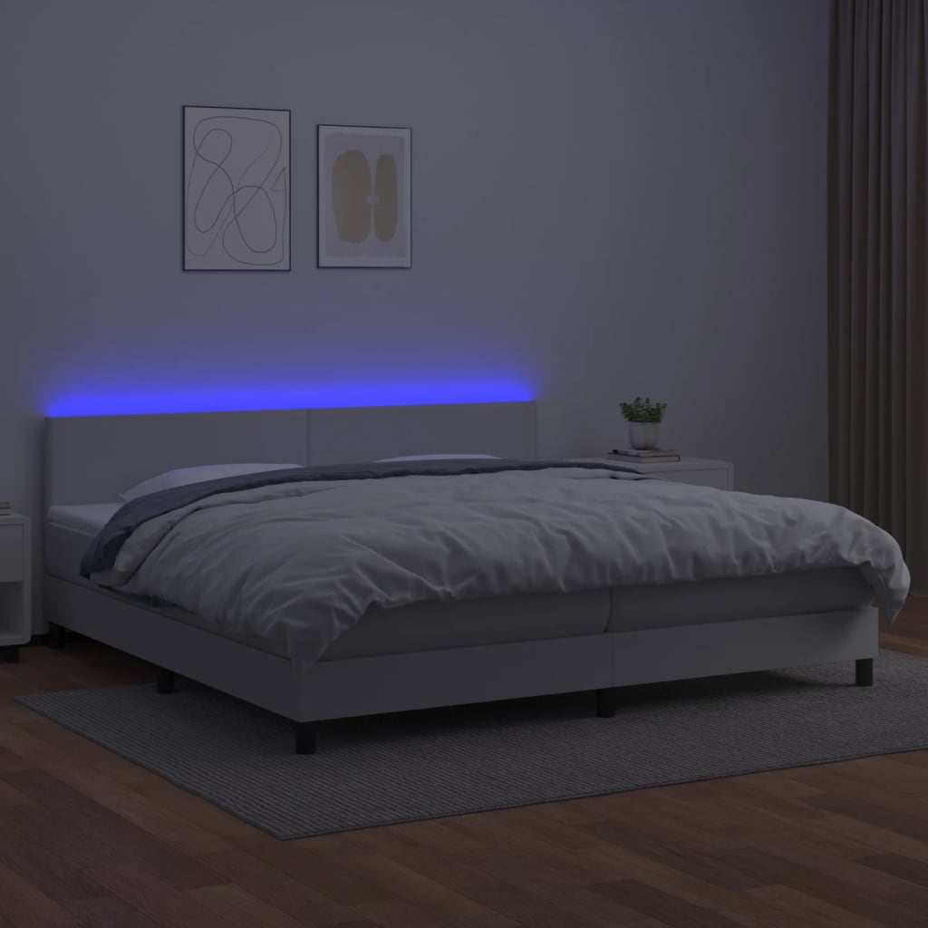 vidaXL Cama box spring colchón y LED cuero sintético blanco 200x200 cm