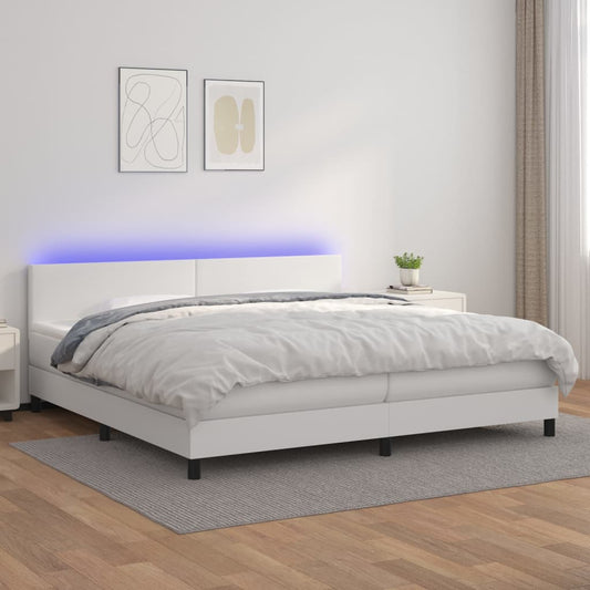 vidaXL Cama box spring colchón y LED cuero sintético blanco 200x200 cm