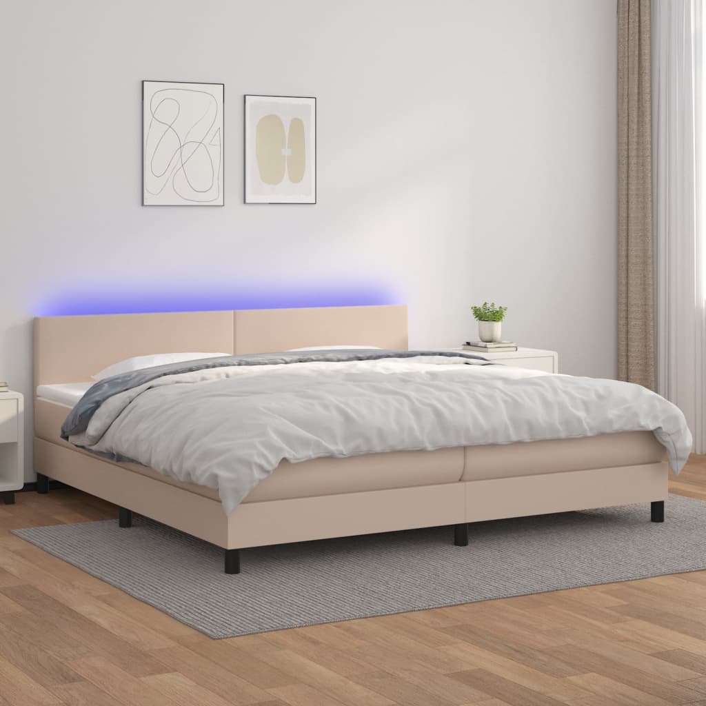 vidaXL Cama box spring colchón LED cuero sintético capuchino 200x200cm