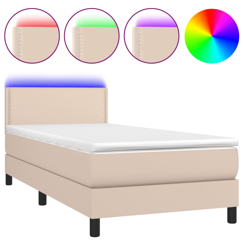 vidaXL Cama box spring colchón LED cuero sintético capuchino 90x190 cm