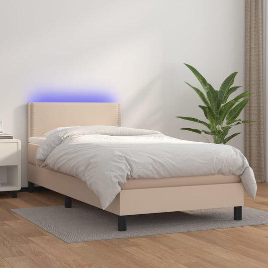 vidaXL Cama box spring colchón LED cuero sintético capuchino 90x190 cm