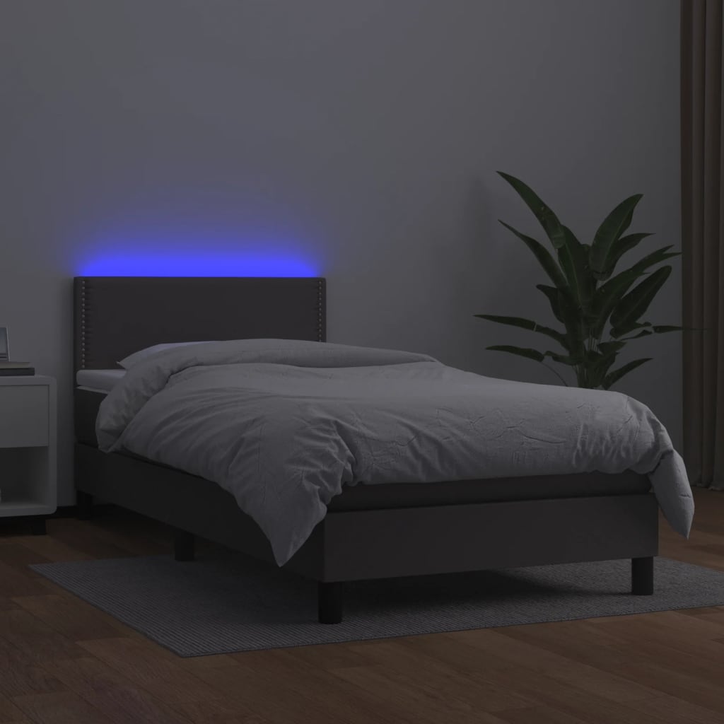 vidaXL Cama box spring colchón y LED cuero sintético gris 100x200 cm