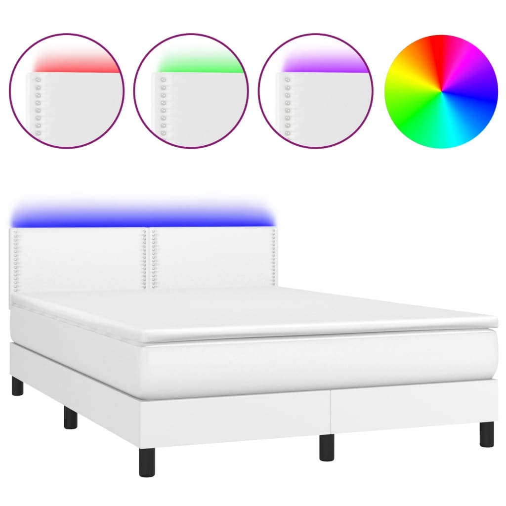 vidaXL Cama box spring colchón y LED cuero sintético blanco 140x200 cm