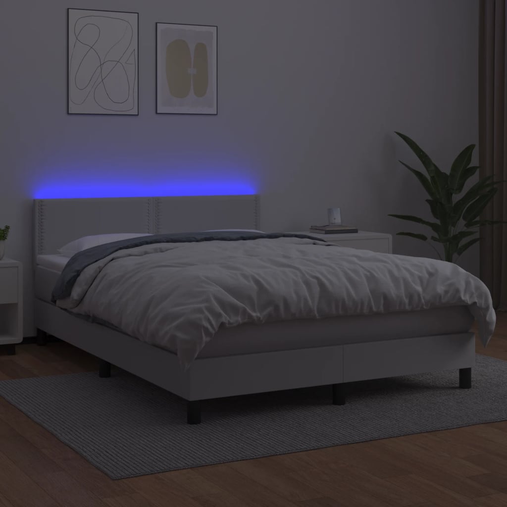 vidaXL Cama box spring colchón y LED cuero sintético blanco 140x200 cm