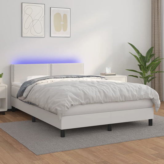 vidaXL Cama box spring colchón y LED cuero sintético blanco 140x200 cm