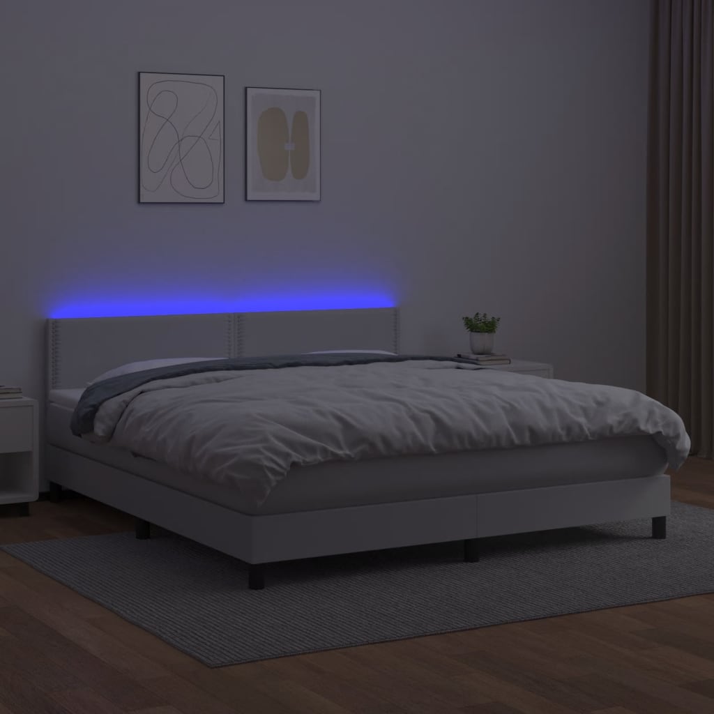 vidaXL Cama box spring colchón y LED cuero sintético blanco 160x200 cm