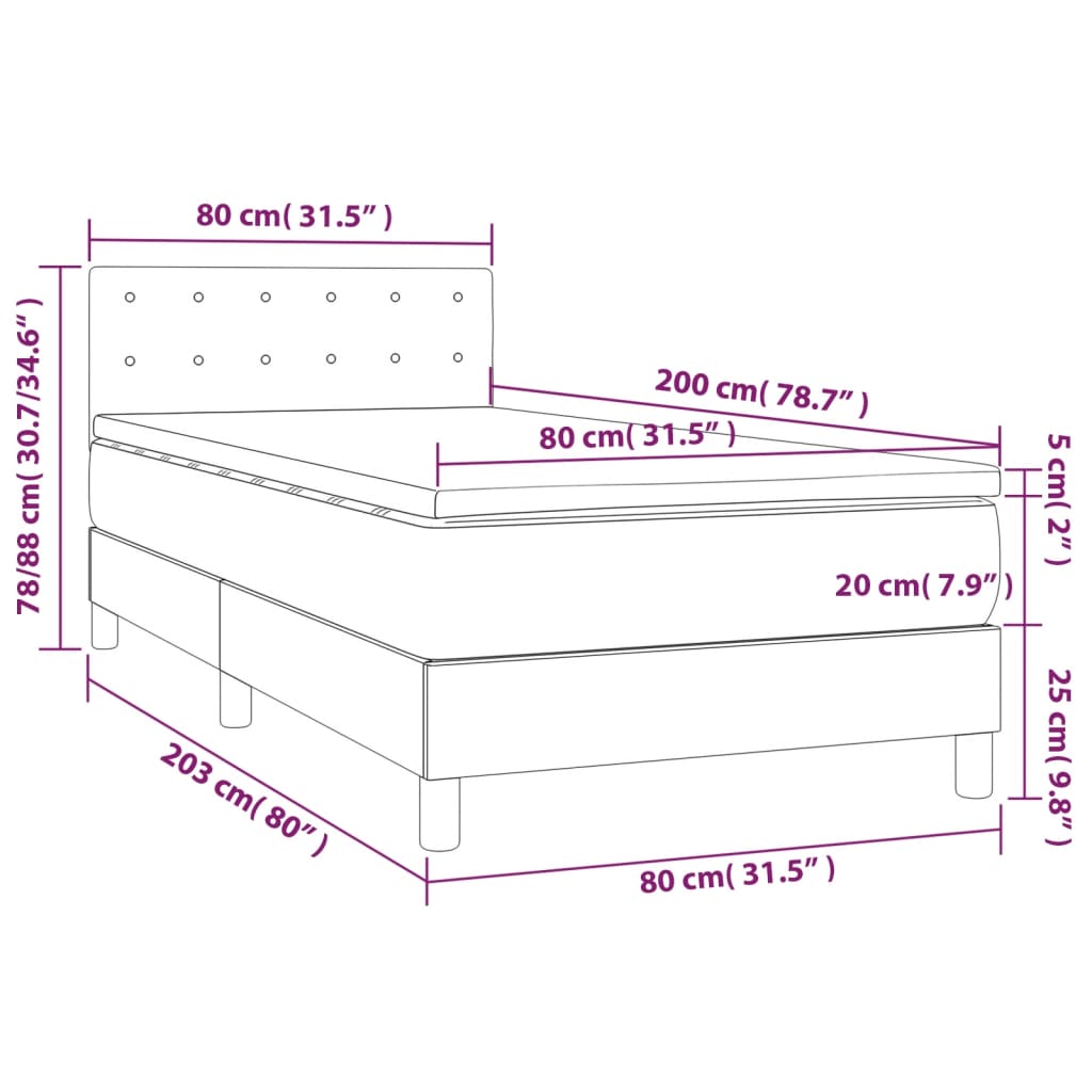 vidaXL Cama box spring colchón LED cuero sintético capuchino 80x200 cm