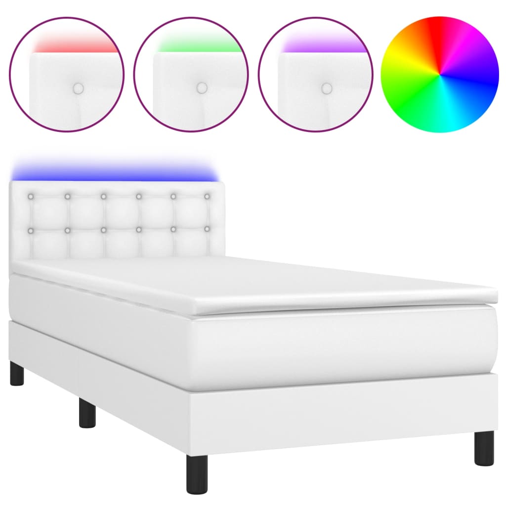 vidaXL Cama box spring colchón y LED cuero sintético blanco 100x200 cm