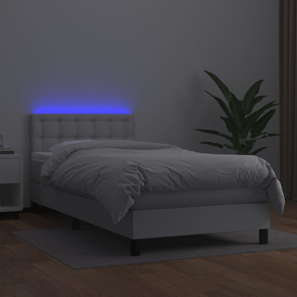 vidaXL Cama box spring colchón y LED cuero sintético blanco 100x200 cm