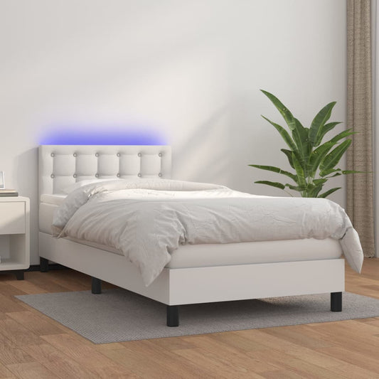 vidaXL Cama box spring colchón y LED cuero sintético blanco 100x200 cm