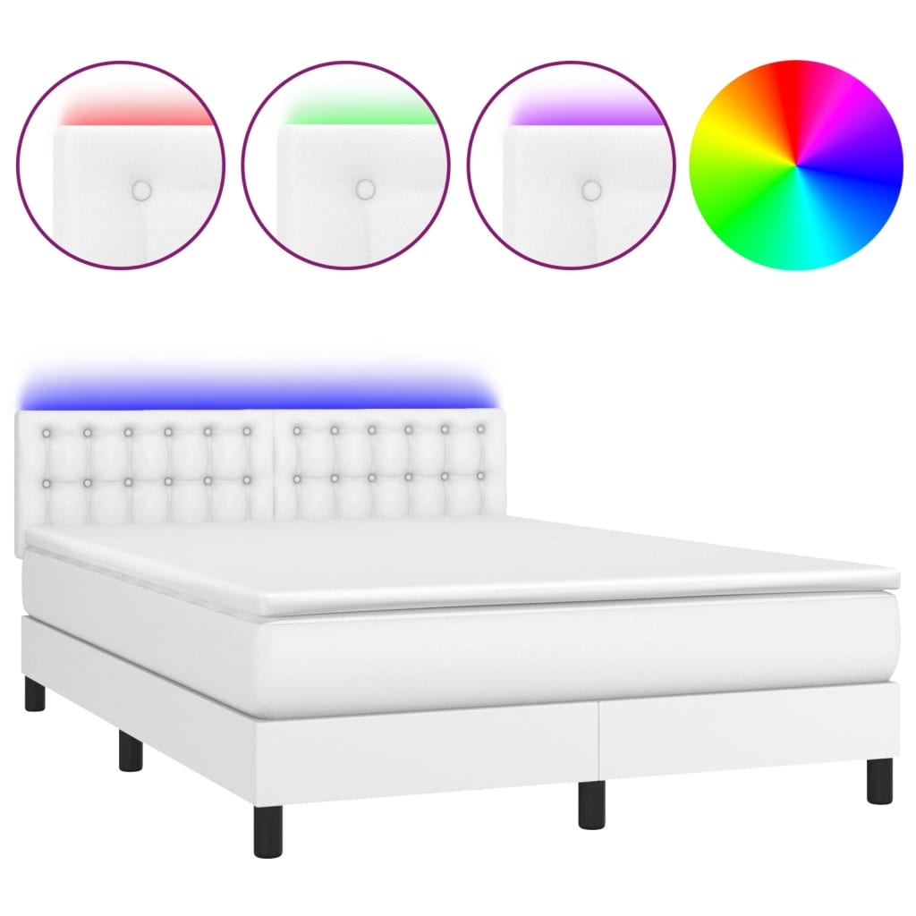 vidaXL Cama box spring colchón y LED cuero sintético blanco 140x190 cm