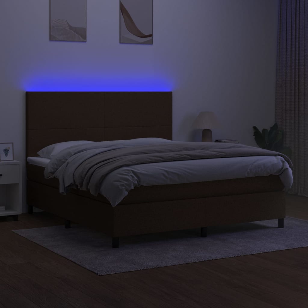 vidaXL Cama box spring colchón luces LED tela marrón oscuro 180x200cm