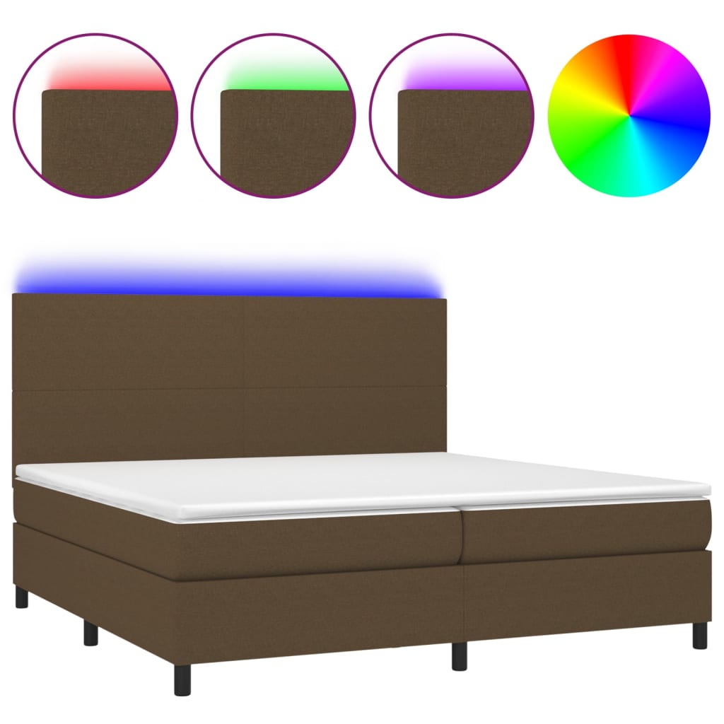 vidaXL Cama box spring colchón luces LED tela marrón oscuro 200x200 cm