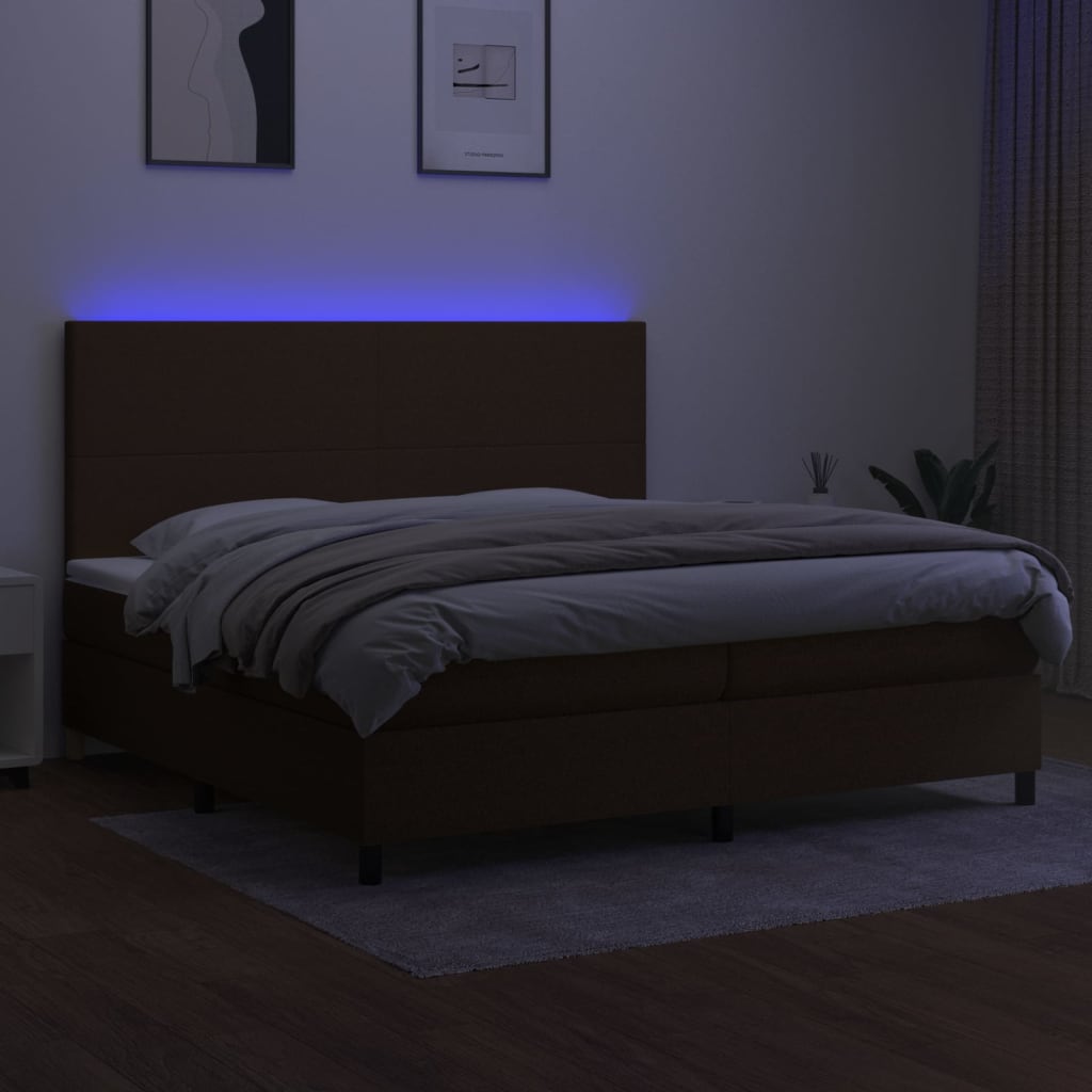 vidaXL Cama box spring colchón luces LED tela marrón oscuro 200x200 cm