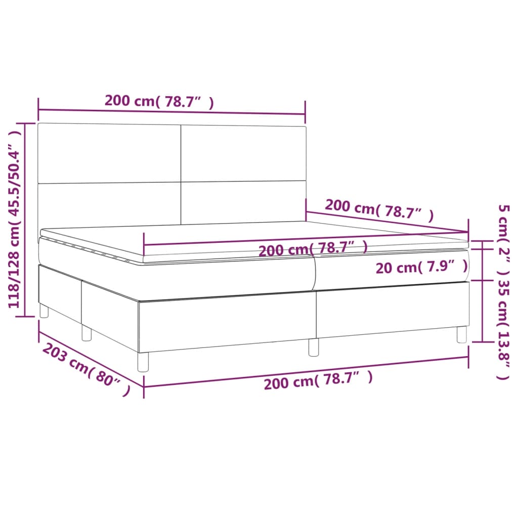 vidaXL Cama box spring colchón luces LED tela marrón oscuro 200x200 cm