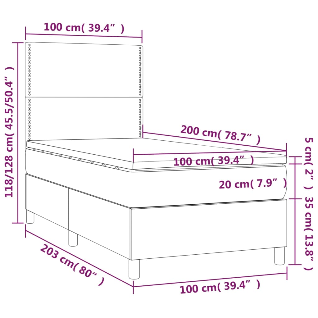 vidaXL Cama box spring colchón luces LED tela marrón oscuro 100x200cm